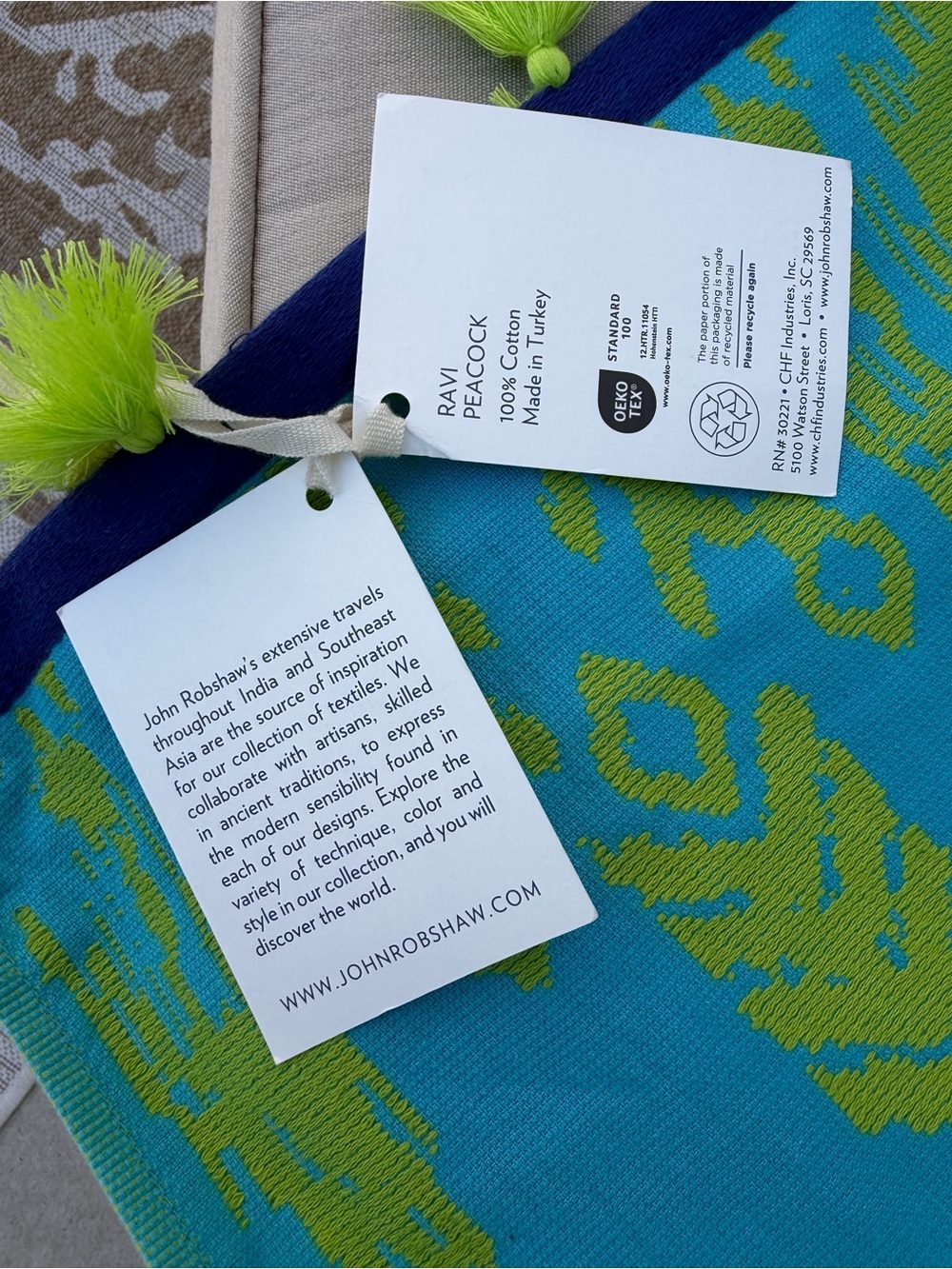 NWT John Robshaw Twl Peacock Turkish Cotton SET OF TWO Beach Towels Tassel Hem - Picture 3 of 8